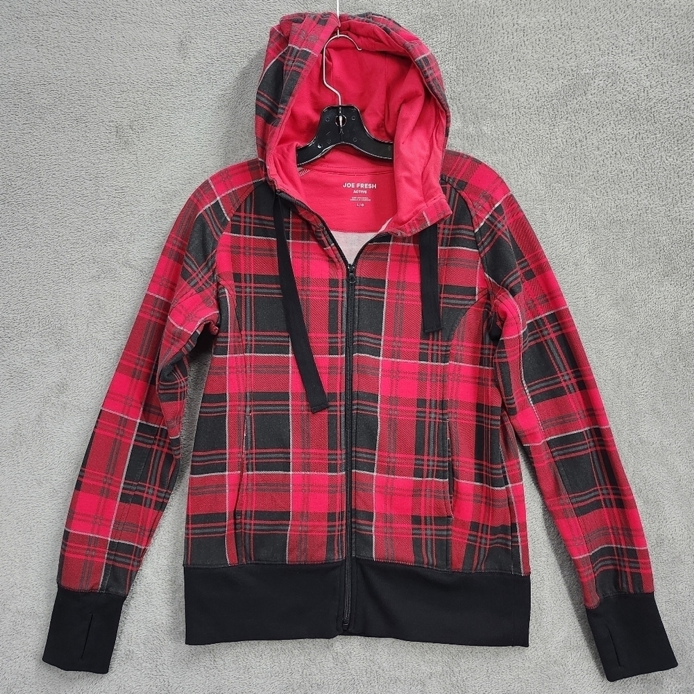 Joe Fresh Jacket Womens Large Tartan Full Zip Hooded Outerwear Pockets
